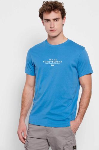 Funky Buddha ανδρικό βαμβακερό T-shirt μονόχρωμο με contrast logo print και patch μπροστά - FBM007-330-04 Γαλάζιο XL